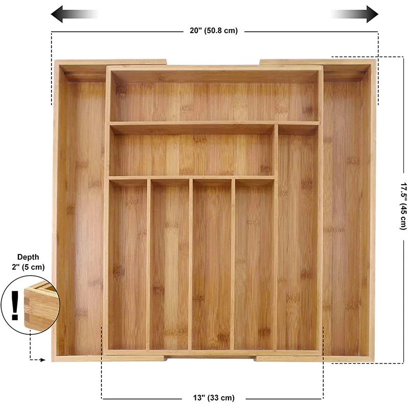 Organizer per utensili da cucina, vassoio per posate, in bambù, espandibile, con 5 scomparti, multiuso, per ufficio, garage, organizzazione: larghezza 34,5 - 50,5 cm x lunghezza 43 cm x altezza 5 cm