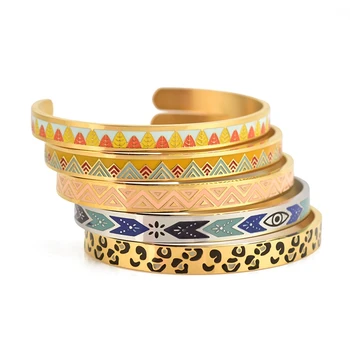 Fashion jewelry personalized gold plated stainless steel custom metal cuff bracelet enamel bangle