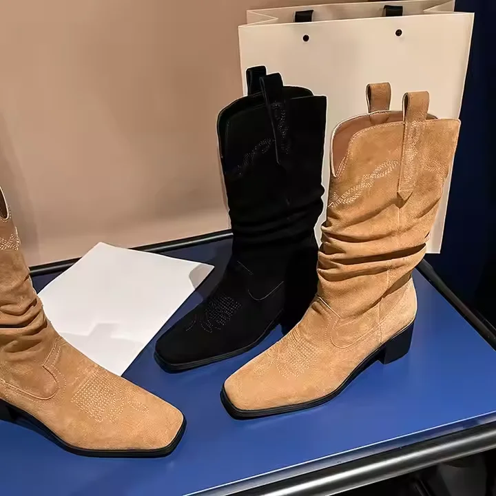 New Style Cowgirl Leather Boots Square Toe Wide Calf Soft Suede Genuine Leather Women Western Heel Boot - Image 1