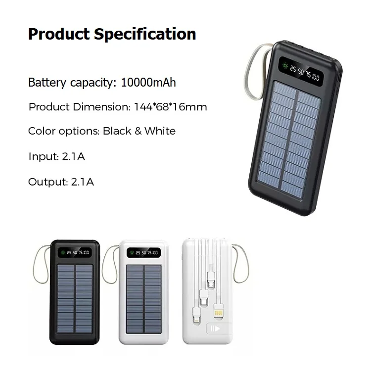 Factory Real Capacity Solar Power Bank Multi-functional Detachable 4 Cables Large Capacity 10000mAh Mobile Power Supply