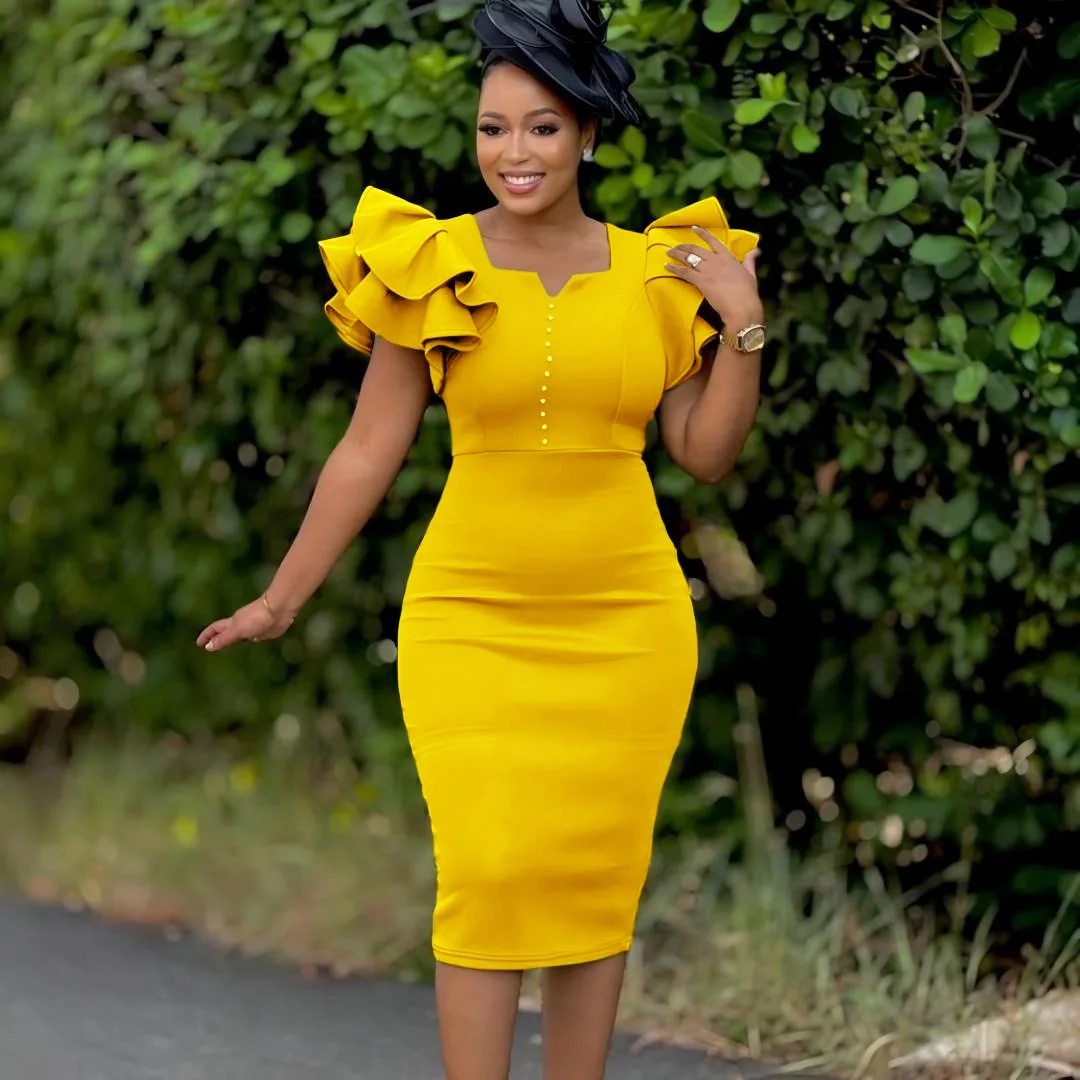 D575 Latest Design Summer Party Dresses Women Beaded Ruffle Sleeve African Formal Dress Elegant Church Dresses For Women