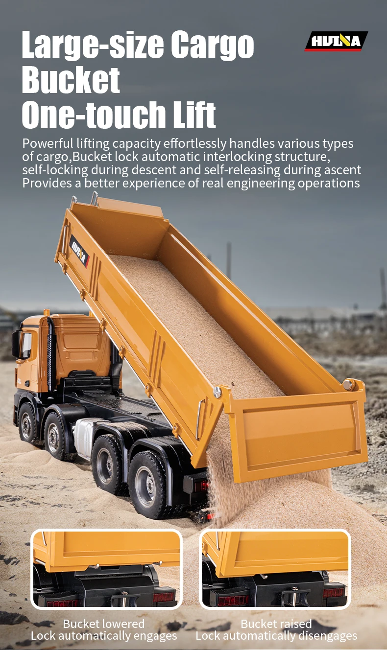 HUINA 1536 RC Car 8-Wheels Heavy-Duty Vehicle 1/14 Large Dump Truck Alloy Engineering Truck Cargo Remote Control Toys Model