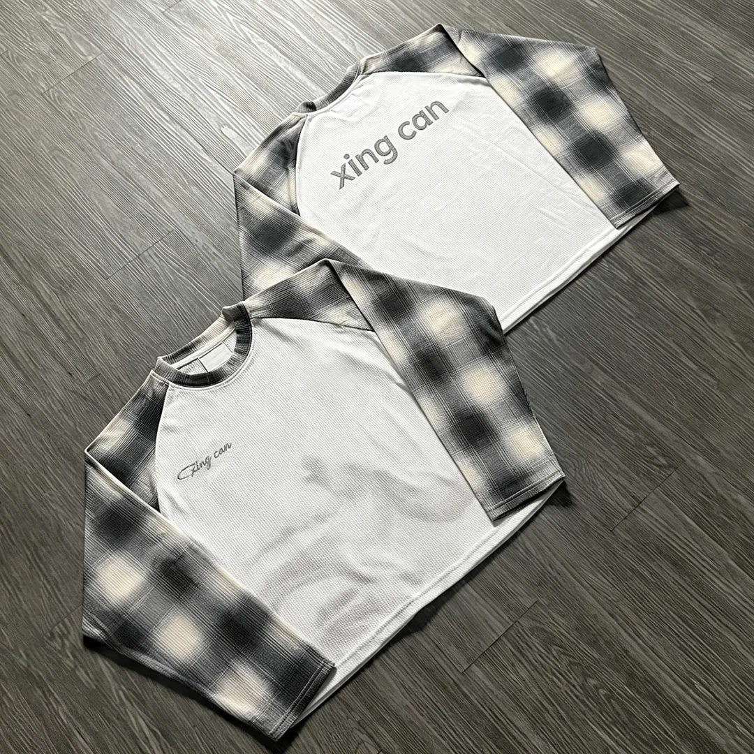 Koszulka męska z nadrukiem własnym, 100% bawełna, vintage, w kratę, rękawy raglan, długi rękaw, minimalny haft, luźna, unisex, do warstwowania