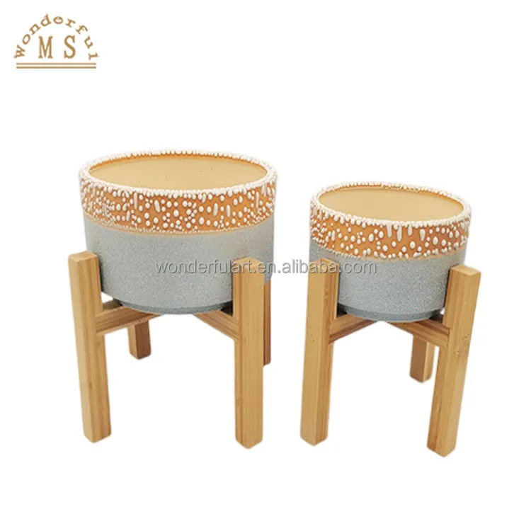 New Hot Sell custom ceramic small planter pot Reactive effect Glazing Mini succulent flower plant pots with wood stand