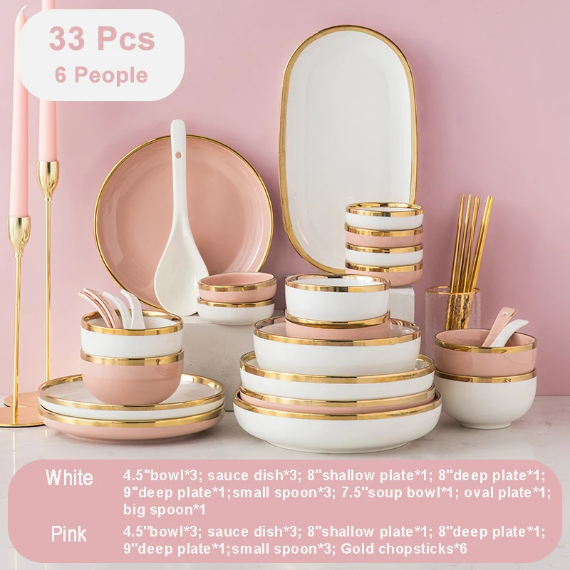 33 Pcs Luxury Dishes Set Elegant Pink Ceramic Tableware
