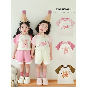 YOEHYAUL 2026 Summer Girls Cartoon Print Short Sleeve T-shirt Breathable Contrast Color Raglan Sleeve Animal Print T-Shirt X4527