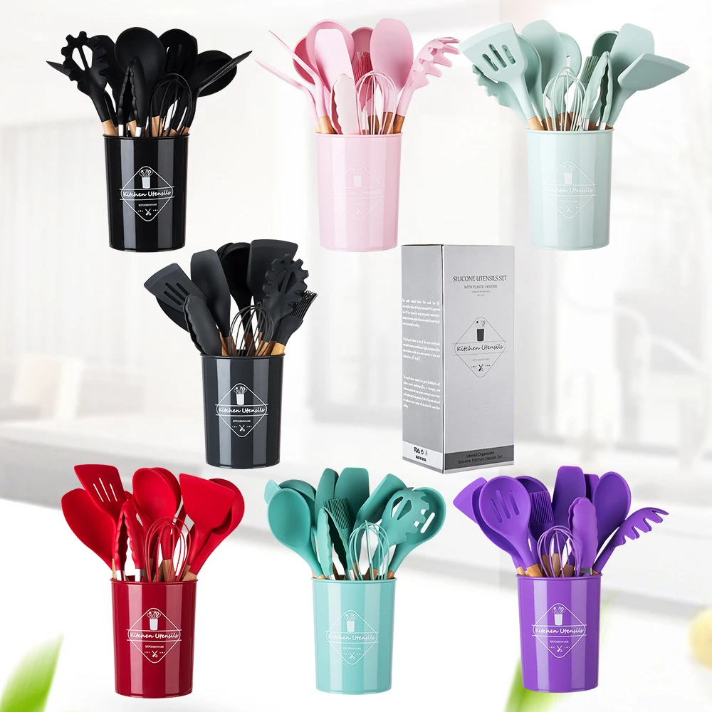 Оптовая продажа; 12 штук в 1 Набор Кухонные гаджеты Инструменты стенд кухонные шпатель силикона кухонная утварь набор с деревянной