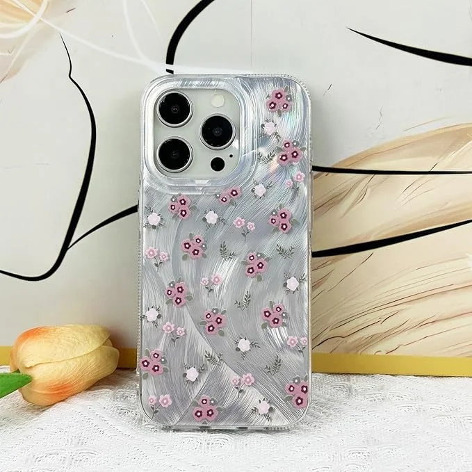 Laudte Cute Aesthetic Silver Laser Flower Floral Case for iPhone 16 Pro Max Glitter Bling Silvery Protective Shockproof Case