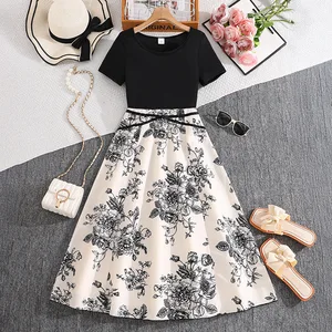 2026 Summer New Collection Elegant Fashionable 8 Year Old Dresses Short Sleeved Floral Print Dress Teenage Girls Clothing