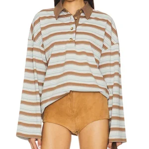 Custom High Quality Oversized  Quick Dry Polo Shirt-Long Sleeve Button Stripe Pattern Casual Style Contrast Color