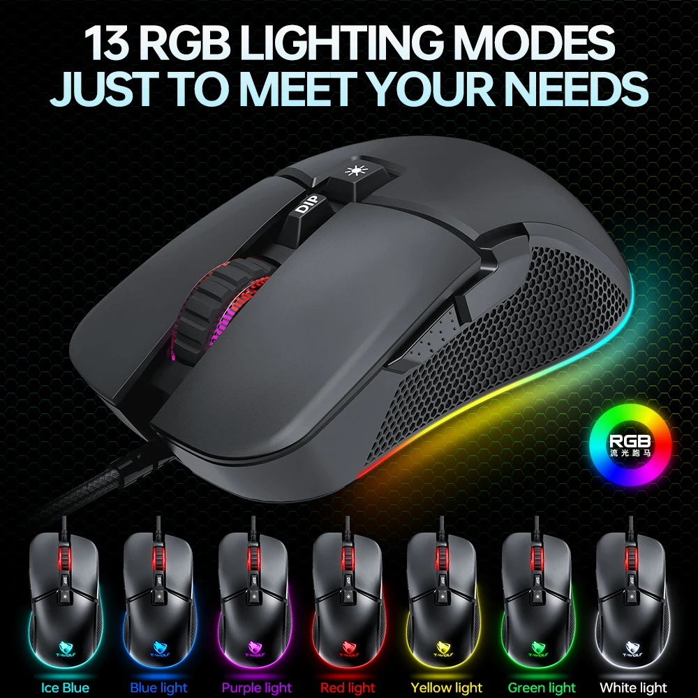 7 Key Wired Game Mouse Macro Programming 13 RGB Light Modes 7200dpi Computer Gaming Mouse