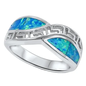 Stone Jewelry Natural  Luxury Rings Custom 925 Sterling Silver Greek Key Design Blue Fire Opal Ring for Women