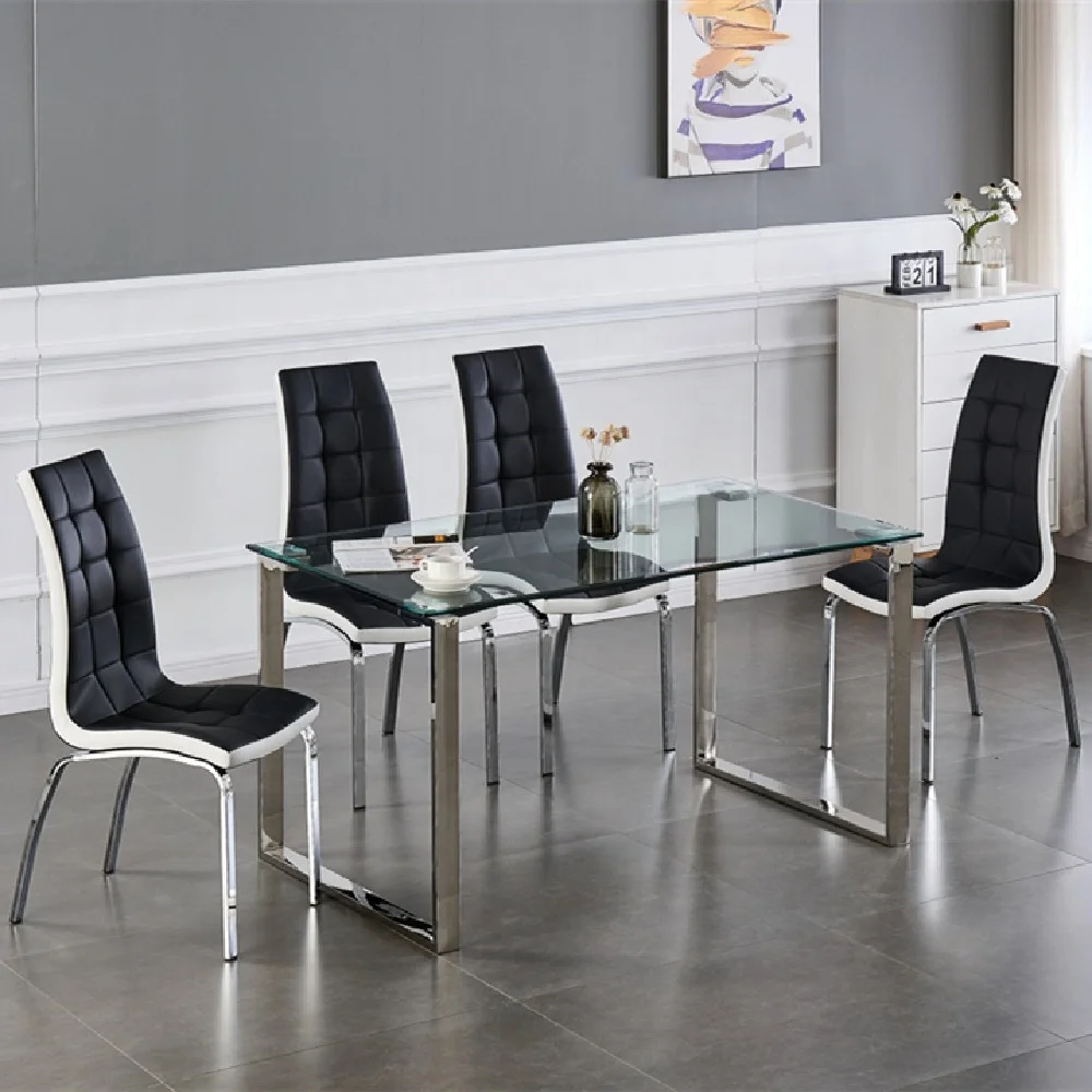 New Design Modern Dining Room Furniture Silver Stainless Steel 12mm Thick Tempered Glass 4 Seater Modern Dining Table Set