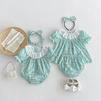 2024 Summer Baby Girl short sleeve lace collar onesie clothes for babies girls suit new sisters outfit