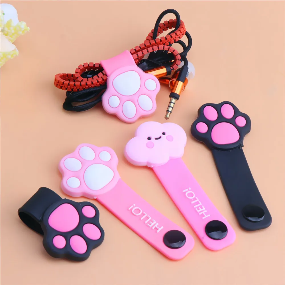 Cute cat paw buckle holder pink cloud mobile phone data cable winder silicone cartoon earphone cable wire storage clip organizer