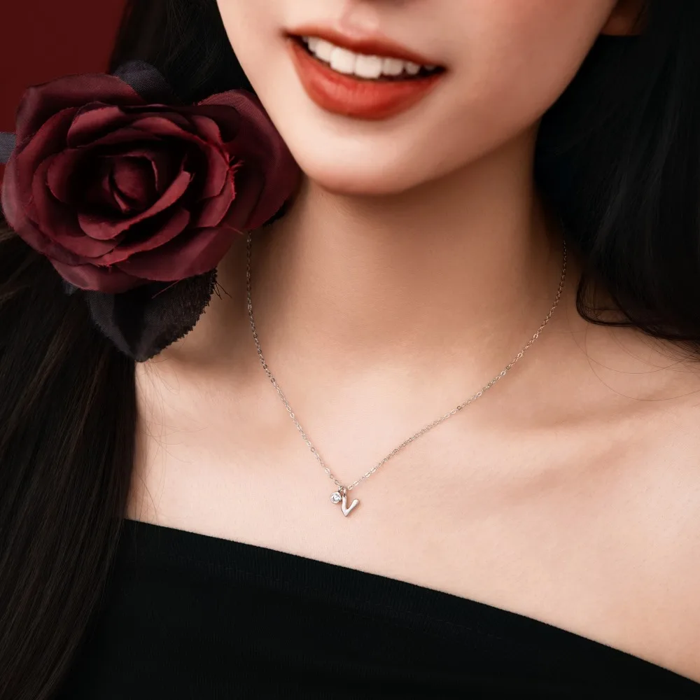 KAKODIY Rhodium Plated -V- Initial Necklace Women's 5A Cubic Zirconia Initial Necklace Letter Pendant Jewelry detail 3