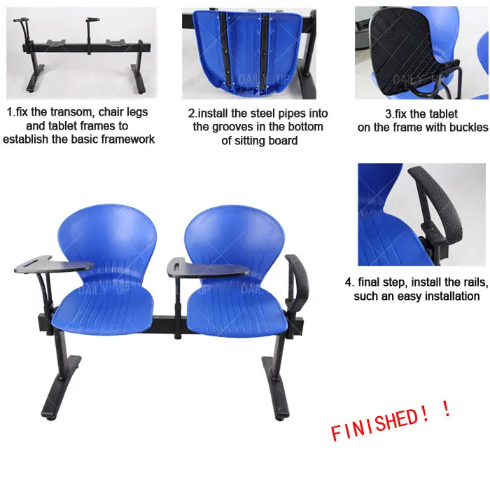 Factory Wholesale Two Seat Bench With Folding Tablet Metal Frame Auditorium Chair With Plastic Backrest For Lecture Training