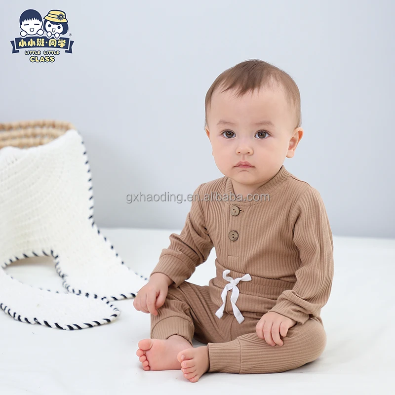 Однотонные комплекты одежды в рубчик/клетку, Детский комбинезон с длинным рукавом для маленьких девочек и мальчиков, брюки, Осень-зима, комплекты детской одежды, 0-24 месяцев