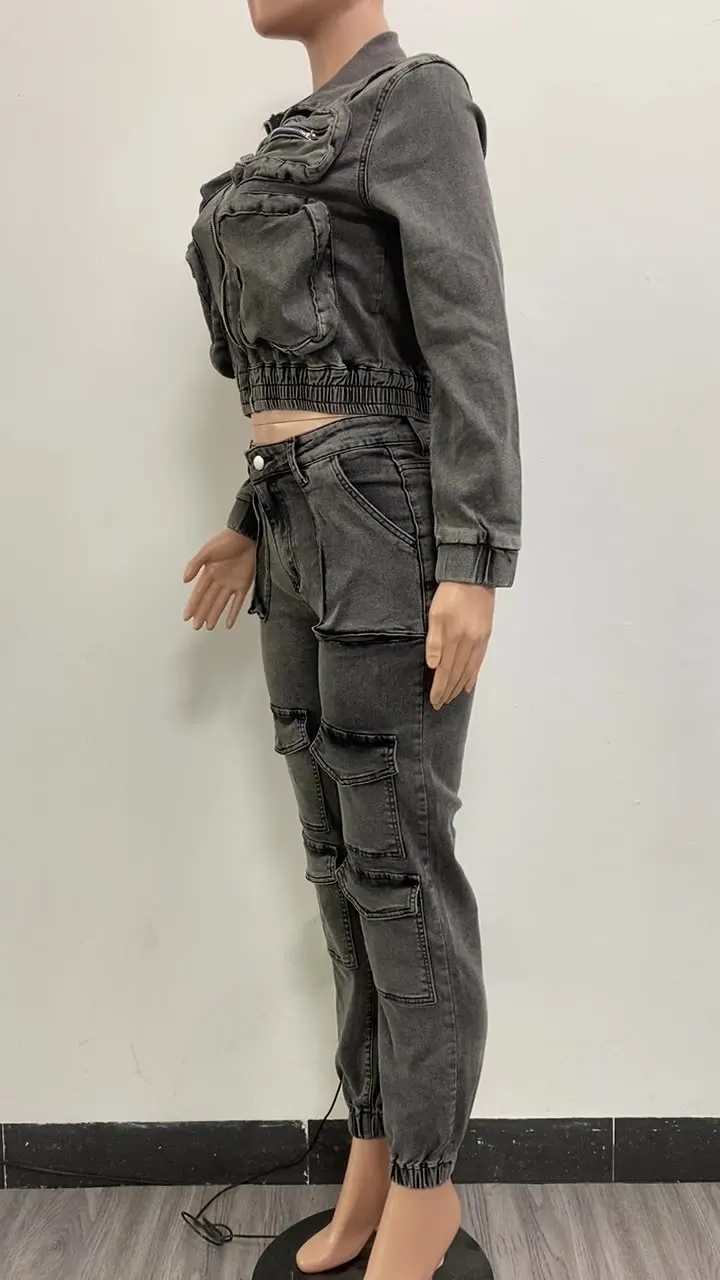 NEW Fashion Women Multi-pocket Washed Denim Long Pants Set Casual Denim Sets Women Two Piece