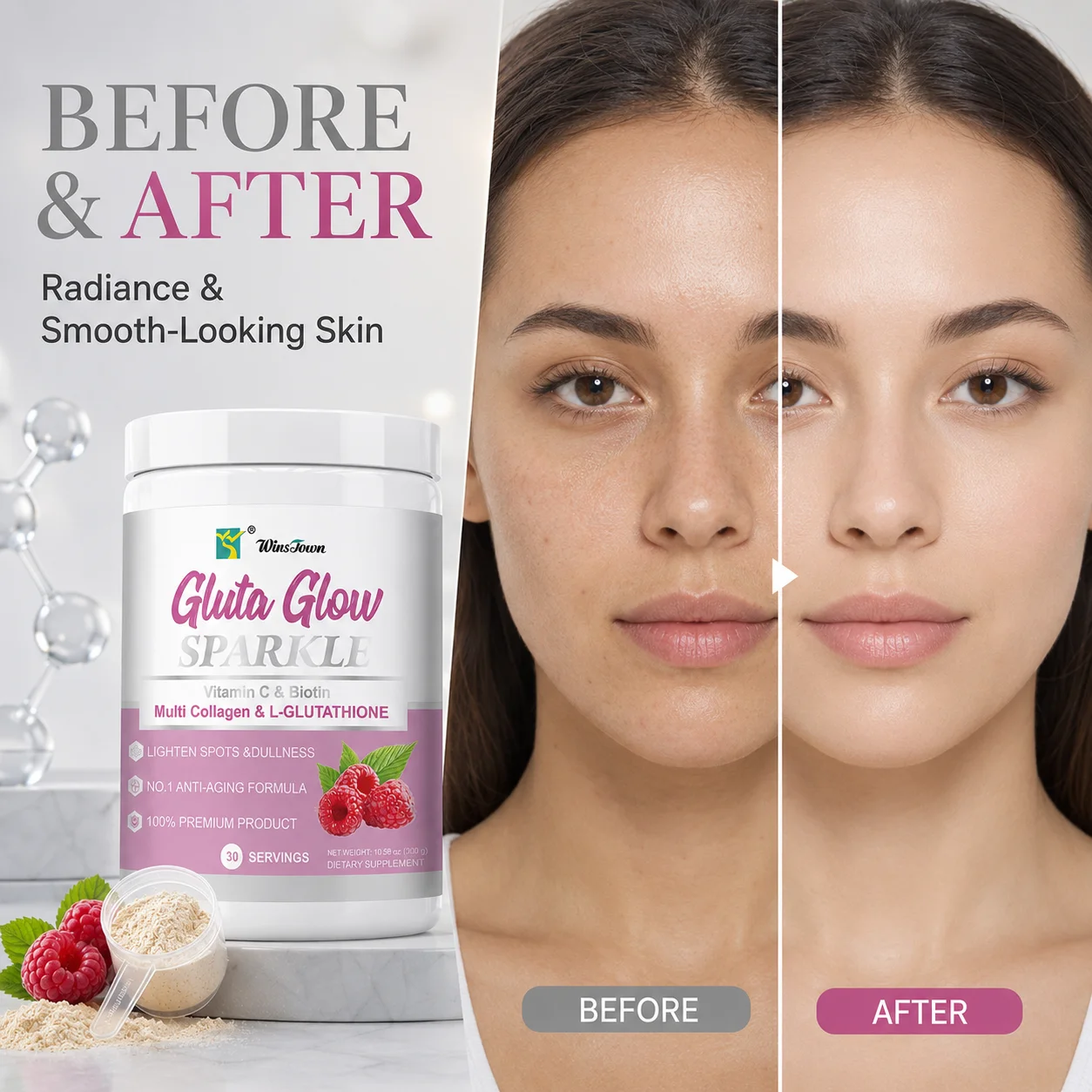 glutathione collagen glow powder Gluta Glow Sparkle Powder Skin-Lighting Vitamin C E Biotin & Collagen Protein Drink Supplement