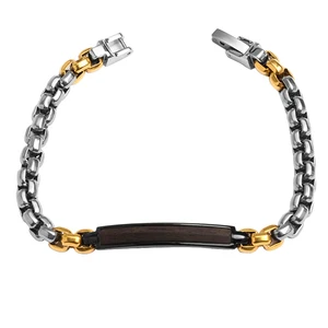 Tizti Wholesale Custom Two Tone Box Chain Stainless Steel Metal Jewelry Wood Inlay Black Bracelet for Men and Women