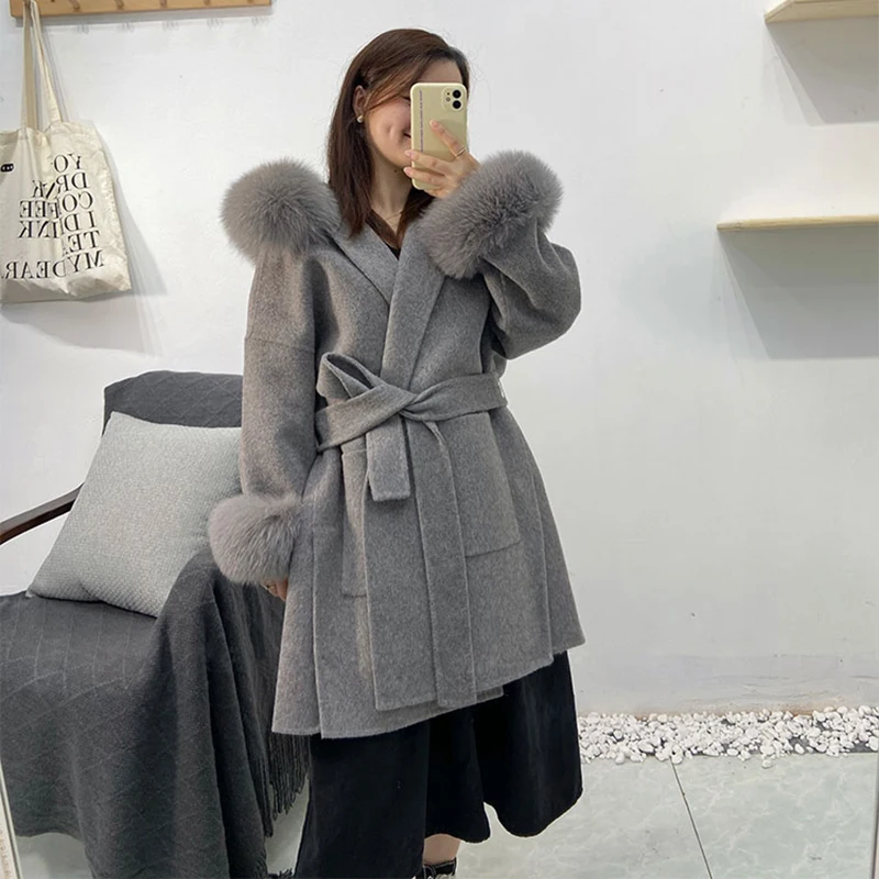 Hot Sale Winter Hood Long Coat Women Wool Trench Cashmere Coats With Fox Fur Cuff