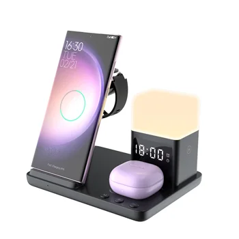 Premium Five-in-One Multi-Functional Wireless Charger with Night Light Clock Phone Earphones Stand Factory Direct