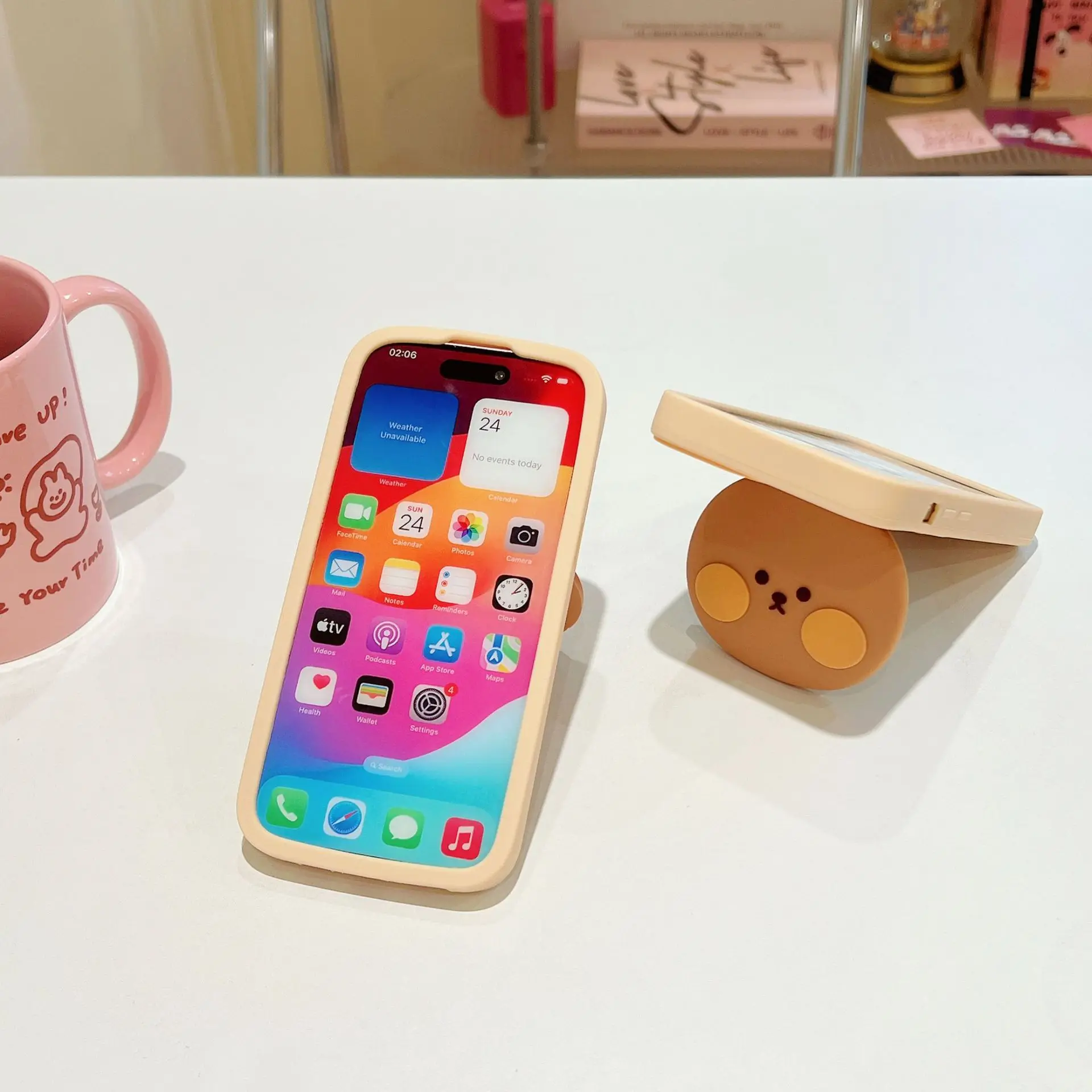 Silicone Cover with Make-up Mirror Kickstand Cute Pattern Designer Cartoon Phone Case for iPhone 13 Pro/14 Pro Max/15 Pro Max