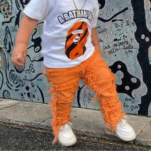 Custom 2026 Boys Jeans Fit Embroidery Stacked Denim Jeans Street Wear Ripped Skinny Jeans Boys Wholesale Custom Denim Pants