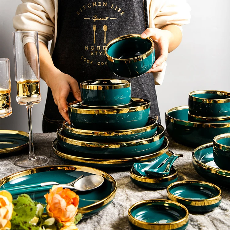 Luxury Green Food Plate Set Salad Soup Bowl Plate Set Ceramic Dinner Plates  Dinnerware Set Dishes for Restaurant Hotel
