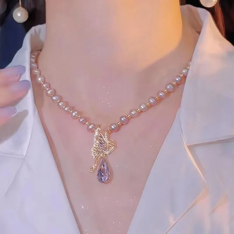 Natural Imitation Pearl Collar Necklace  Drop Faux Pearls CZ Diamond Butterfly Clavicle Chain Artificial Pearl Beaded Necklace