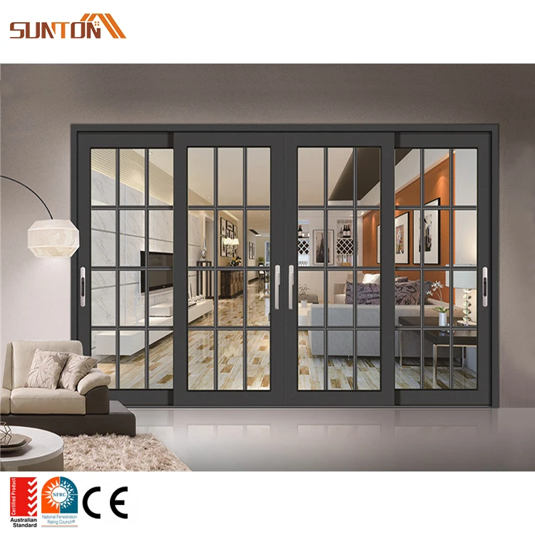 Custom Made Modern Multi Slide Doors Exterior Patio Large 4 Panel Aluminium Lattice Glass Sliding French Door with Grid Design