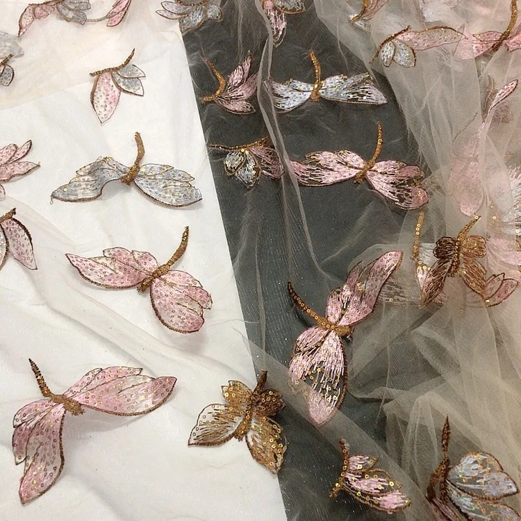Fancy Embroidered Dragonfly Pattern Sequins Lace Tulle Fabric LT21193