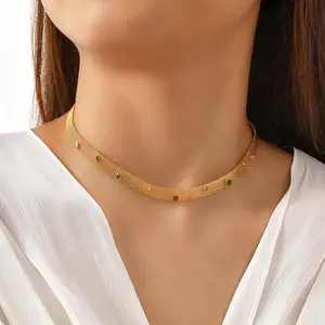 Trendy Non Fading Jewelry Mesh Chain Colorful Zircon Necklace Stainless Steel Necklace for Women