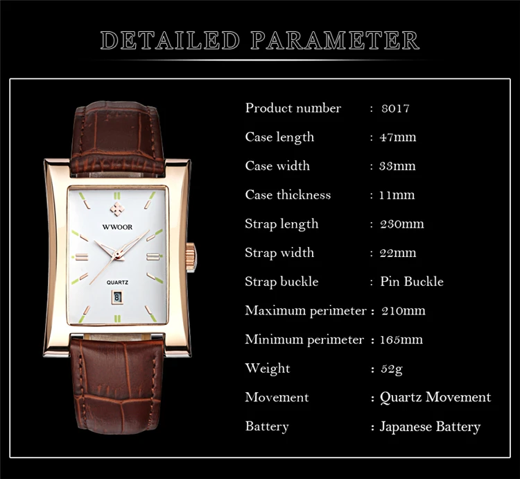 WWOOR 8017 Men's Square Watches Top Brand fashion Leather Strap Quartz Waterproof Date Clock Male Casual Business Wrist Watch