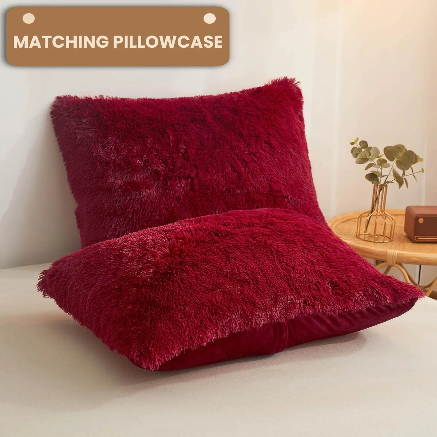 Shop Our Red Solid Color Bed Sheet Set with Fleece Faux Fur