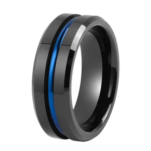 Tizti Tungsten Jewelry Manufacturer 8mm Inset Center Line Two Tone Brushed Finish Black Tungsten Ring for Men and Women
