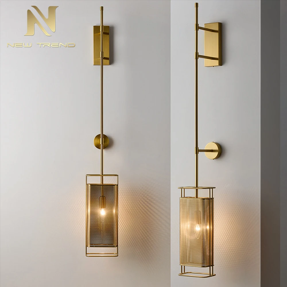 Applique murale CPL-478 de luxe en laiton brossé – Éclairage LED moderne cylindrique en treillis métallique pour chambre d’hôtel haut de gamme