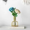 Test tube flower vase, one rose, one blue, one white