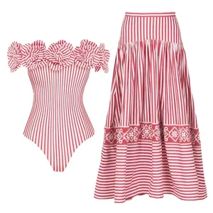 JSN Custom 2026 New Design Sexy Style Swimsuit Bow Striped One-piece Swimsuit with Beach Dress for Women 1 Piece Bikini