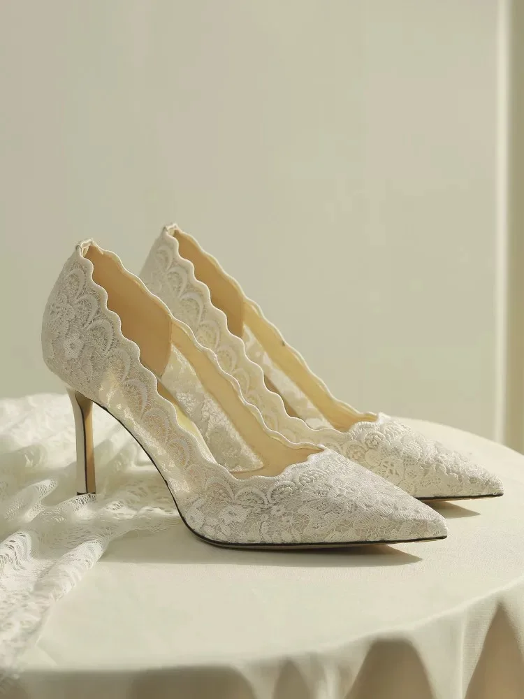 Ladies Bride Shoe Pointed Toe Stiletto Wedding Shoes Set White Lace Embroidery 6 Cm Heel Wedding Shoes For Bride - Image 4