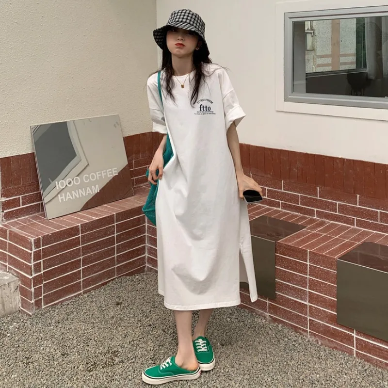 Wholesale Summer Korean Fashion Casual Long Loose Dress Women Oversized  Cotton Maxi Split T Shirt Dress Women