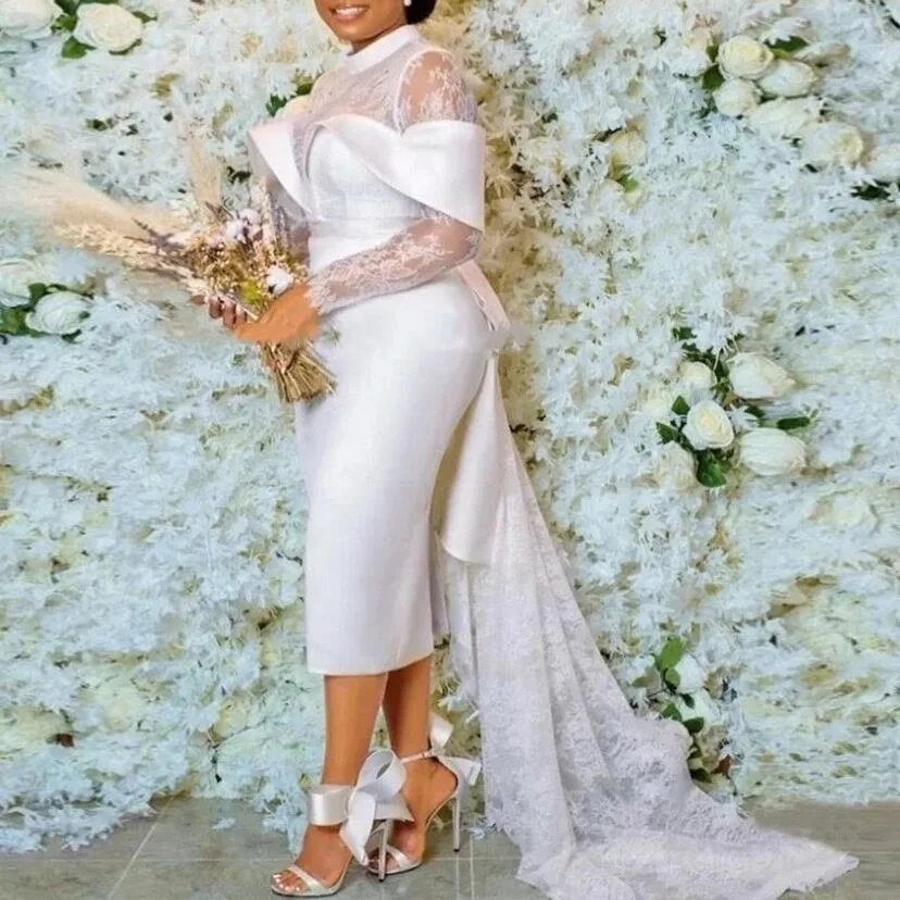 2024 Modern Lace Satin Sheath Wedding Dress Tea Length Lace Long Sleeves  High Collar Knee Length Straight Bridal Reception Gown| Alibaba.com