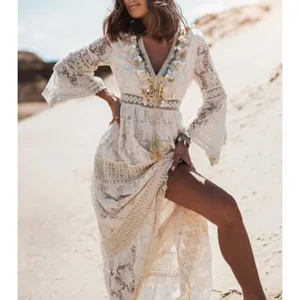 High Fashion Embroidered Dresses Patchwork Puff Sleeve Boho Lace Dress Beach Vintage Long Party Dresses Evening Elegant Wear