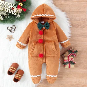 Minnie European American Children's Group Christmas Gingerbread Man Zipper Hooded Autumn Winter Warm Flannel Character Jumpsuit