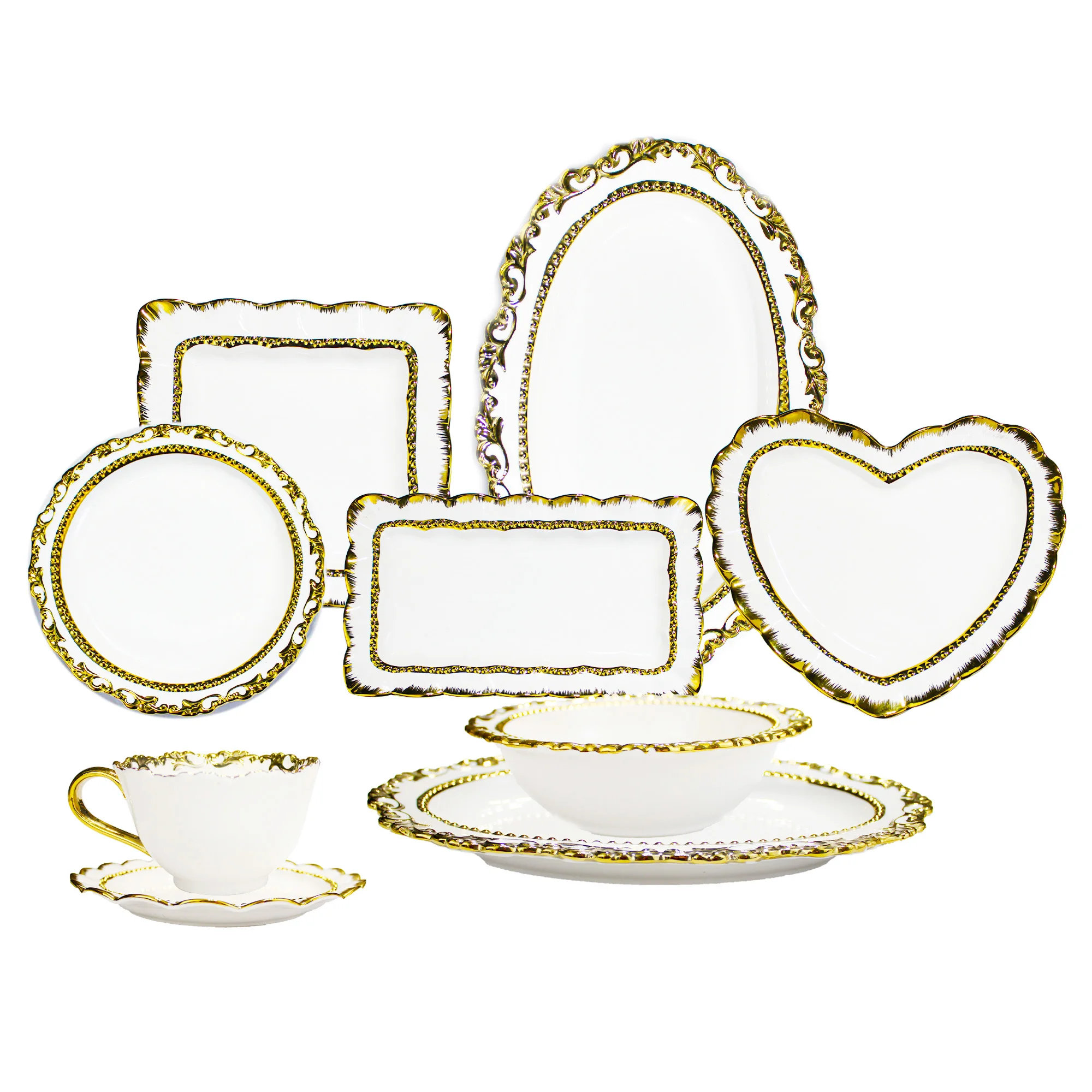 European Style Golden Pearl Embossed Ceramic Dinner Plate China Wholesale Dinner Plates Sets for Weddings Dinnerware for Home