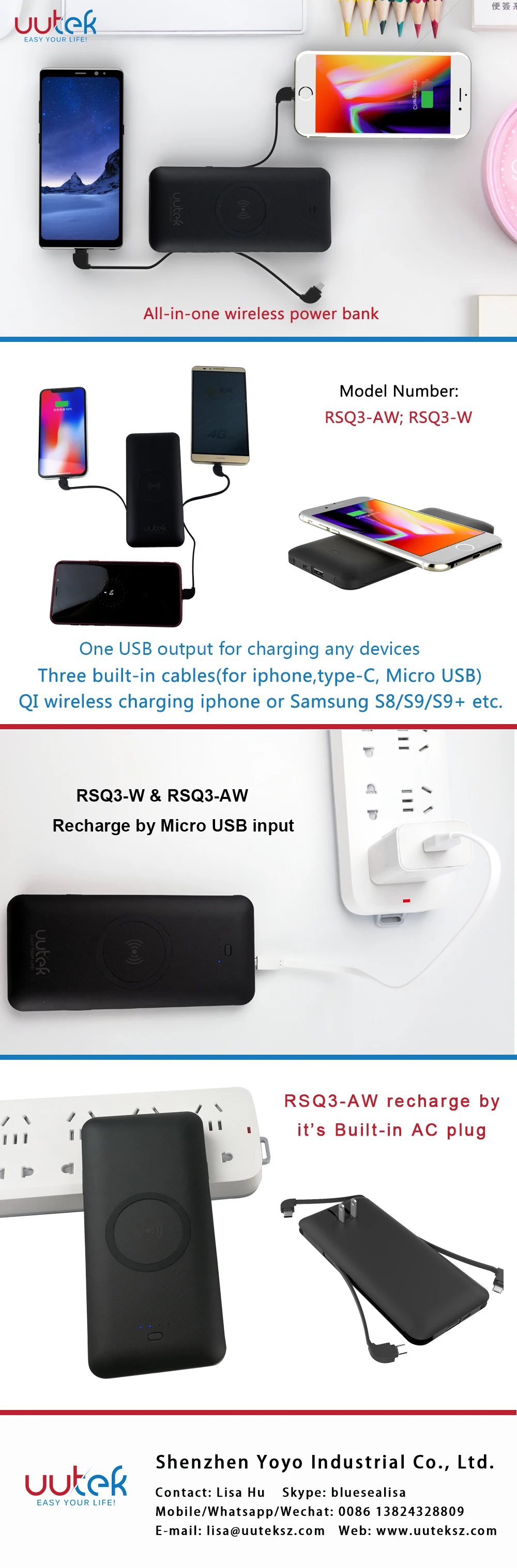 Trending Products 2025 New Arrivals Power Bank 5000mAh with Wireless Charger UUTEK RSQ3-AW