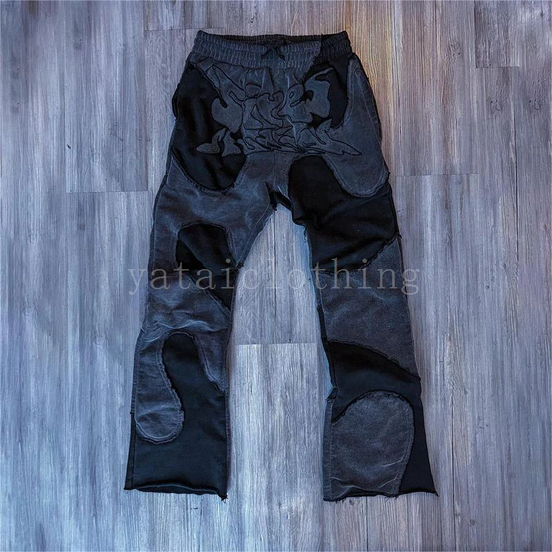 Custom Embroidered Patch Pants Jogger Acid Washed Vintage Sunfade Flair Sweatpants Cut and Sew Flare Sweat Sweatpants