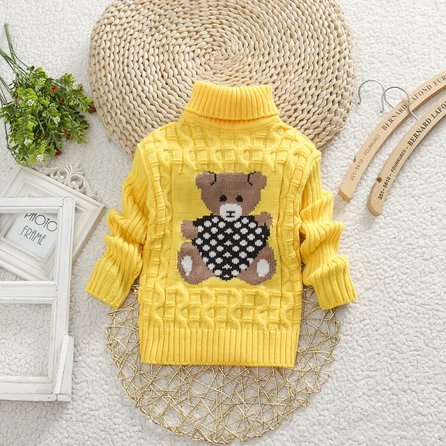 Лидер продаж, свитер с медведем для маленьких мальчиков и девочек, вязаная водолазка с высоким воротником, зимние свитера с высоким воротником, наряд для маленьких мальчиков и девочек