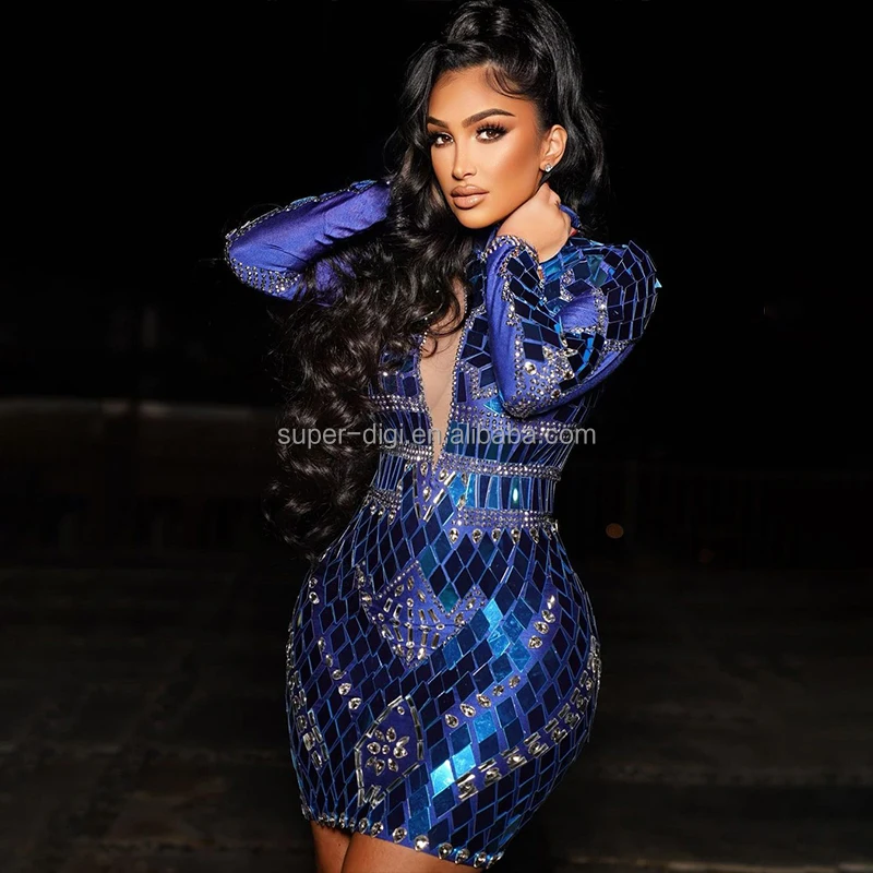 Singer Gold Fashion Blue Mirror Sequin Sexy Night Club Dress for Women  Formal Elegant Party Sex Prom Evening Gown Dresses